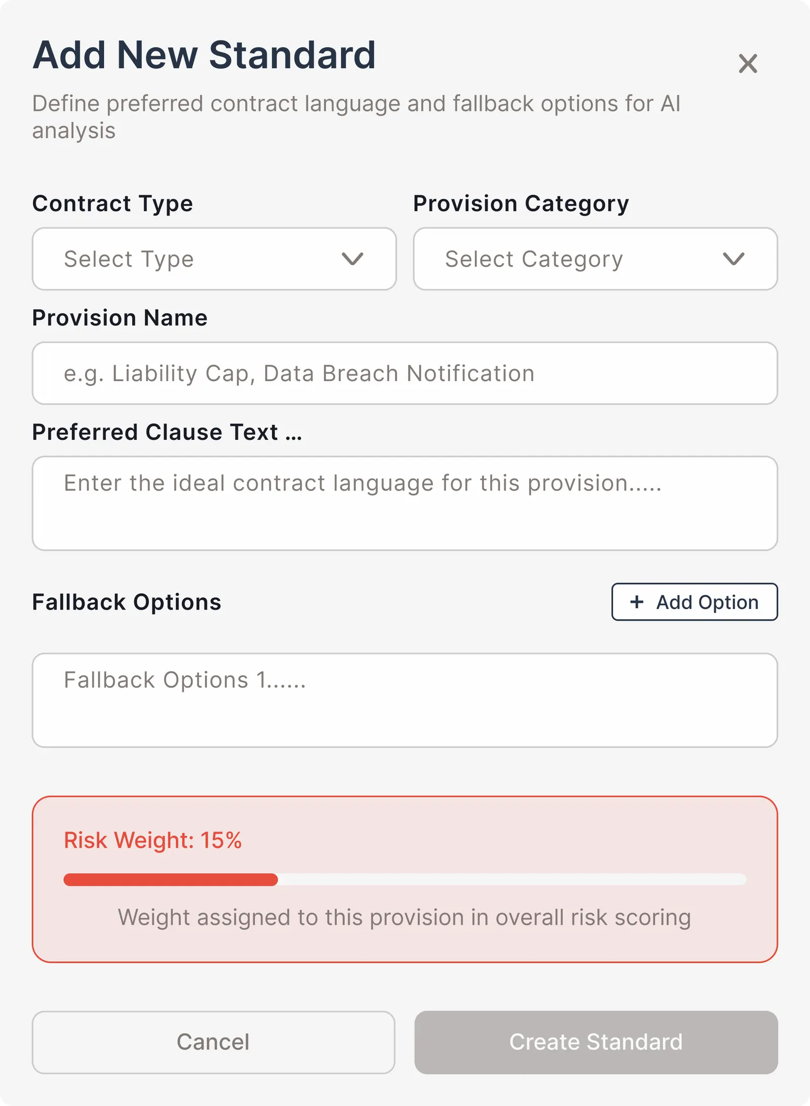 Form for adding a new contract standard